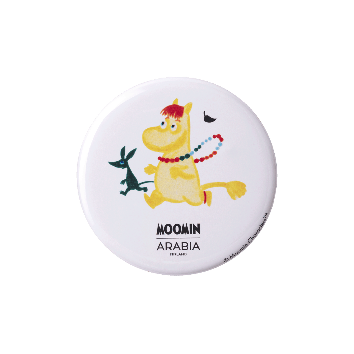Moomin badge set, Beams - Round white badge with Snorkmaiden and 'Moomin Arabia' text on a white background