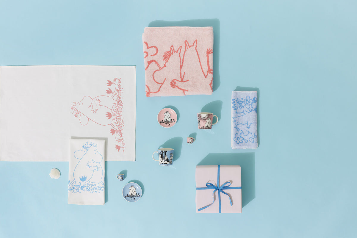 Collection of stationery Moomin love items including notebooks, stickers, and a small gift box on a light blue background.