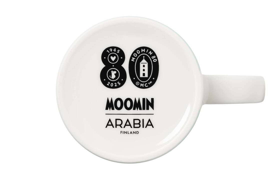 White mug bottom with black Moomin Arabia 80 anniversary branding 