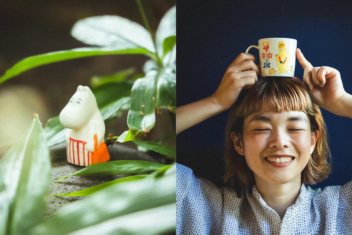Two images side by side; one with a small moominmamma-figurine on green leaves, the other with a person holding a beams moomin-mug above their head.