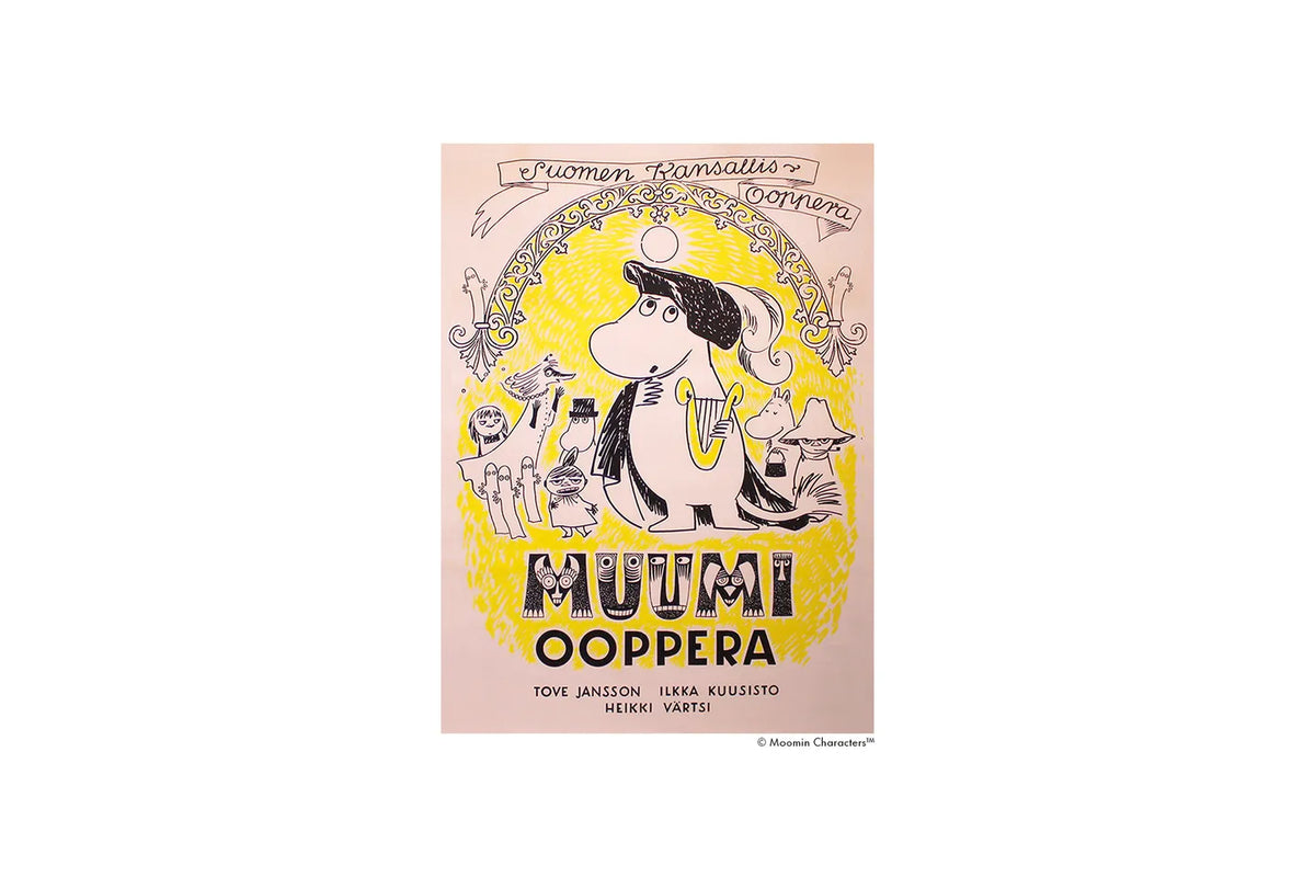Poster of 'Moomin Opera' featuring a Moominvalley characters on a yellow background