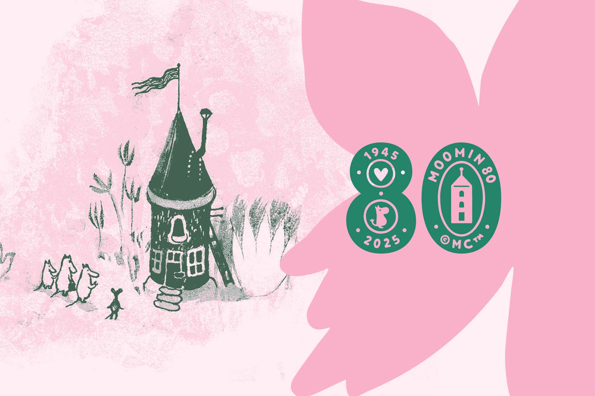 Illustration of a Moomin house and Moomin characters with Moomin 80 anniversary branding on a pink background